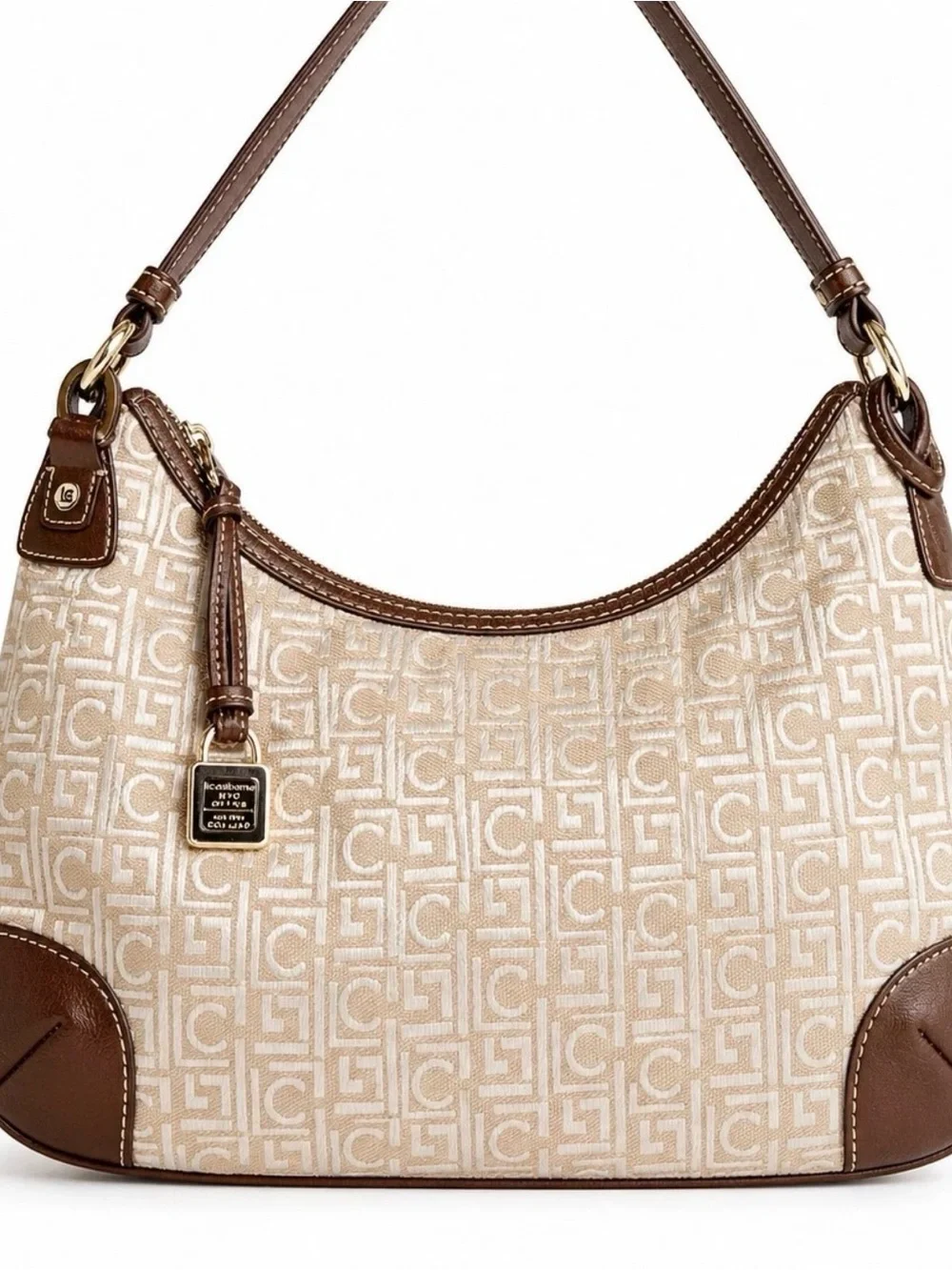 Liz Claiborne Beige Monogram Shoulder Bag with Brown Trim